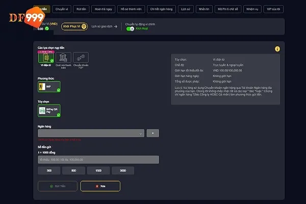 Nạp tiền DF999 qua ví điện tử